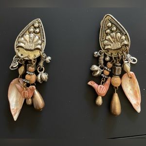 vintage tribal theme earrings- mixed materials- clip on earrings